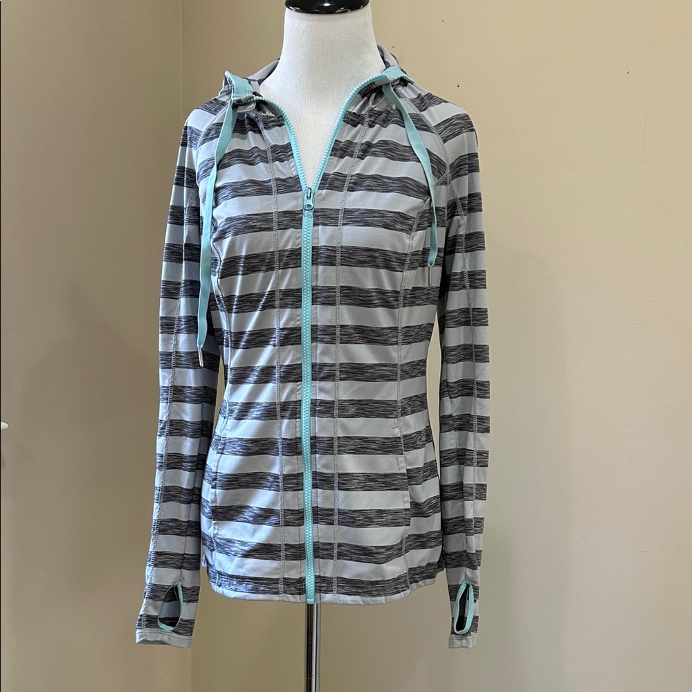 lukka Gray Striped Zip Hoodie with Mint Trim